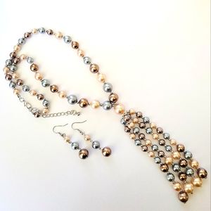 Beautiful Multicolor Faux Pearl Tassel Necklace & Drop Earrings Set